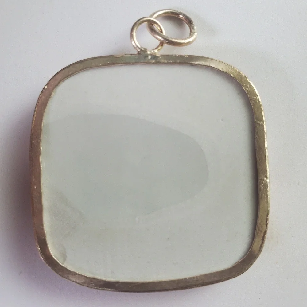 Vintage Hand Painted Porcelain Butterfly Pendant Square Silver Tone Charm Focal